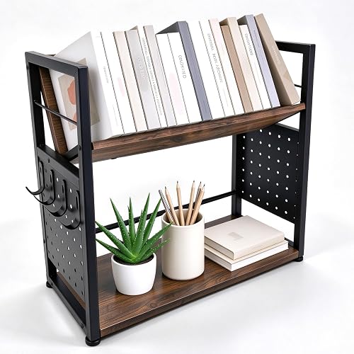 2‑Tier Desktop Bookshelf, Industrial Wood Metal Tabletop Book Display Shelf | Tabletop Book Organizer with Hooks & Pegboard, Desk Storage for Office & Home, Countertop for Books & Supplies