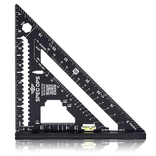 Spec Ops Elite Series Fury 7.5” Rafter Square with Level Vial, Laser Etched & Stamped Markings, Rapid-Layout Features, Wide Heel, Integrated Compass Holes, Digital Rafter Calculator & Guide