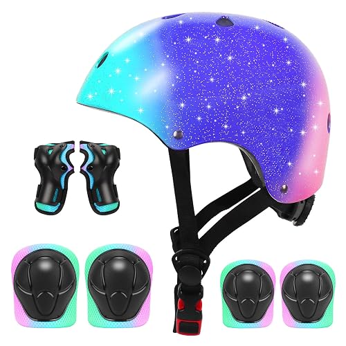 Kids Bike Helmet Set, CPSC Certified Helmet with Knee Elbow Wrist Pads Guards, Adjustable Kids Helmet with Sparkling Gold Glitter Gradient Design for Ages 2-14 Girls Boys, Bicycle Skate Scooter Gear