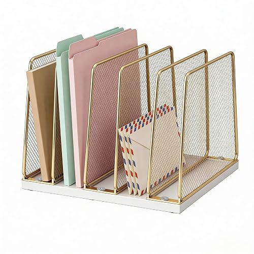LEKETREE Gold Desk File Organizer, 5-Section Upright File Sorter, Vertical File Folder Holder, Mesh Metal Wood Office Desk Organizer for Document, Magazine, Books and more (White and Gold)