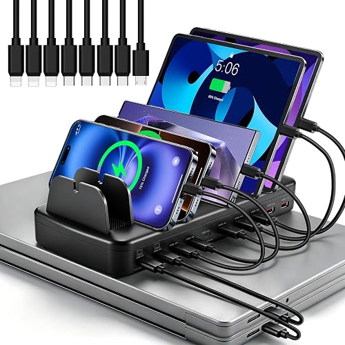 Yeeily 10-Port Charging Station for Multiple Devices, Charger Organizer | Dual 65W PD Ports, 3×20W USB-C and 5×15W USB-A Ports, Charging Dock for Laptop, Phone, Tablet, Watch and Earbuds (Black)
