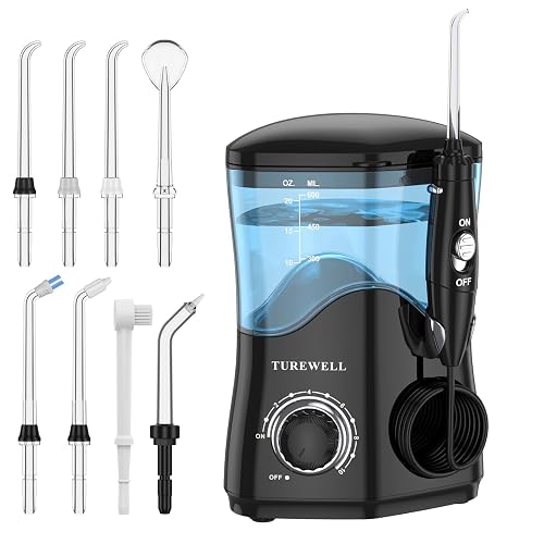 TUREWELL Water Dental Flosser for Teeth/Braces, Water Teeth Cleaner | 8 Jet Tips and 10 Pressure Levels, 600ML Large Water Tank Oral Irrigator for Family