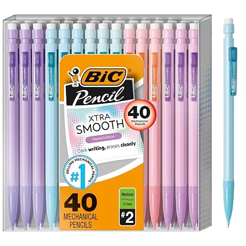 BIC Xtra Smooth Pastel Mechanical Pencils, 40-Count | Christmas Stocking Stuffers, 0.7 mm Medium Point, Smudge-Resistant No. 2 Lead, Pastel Study Supplies