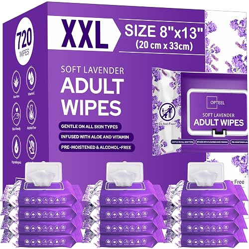 OPTEEL Wipes for Adults – Extra Large 8x13, Scented, Pre-Moistened, 720ct | Rinse-Free, Super Soft, Aloe & Vitamin E Infused Disposable Washcloths for Personal Cleansing & Incontinence Care