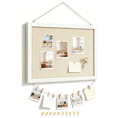 DOLLAR BOSS Double-Sided Bulletin Boards with Linen, 16"x12" 1PC Cork Board | Corkboards for Walls, Small Pin Board, Wood Framed, Decorative Hanging, For Home Kitchen Office, 10 Pushpins 10 Clips