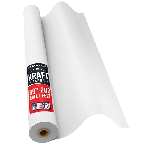 Bryco Goods 36" x 2400" (200') White Kraft Paper Roll - Made in USA - Craft Paper for Bulletin Board Art Table Covering Drawing Gift Wrapping Bouquet Packing Parcel 80GSM