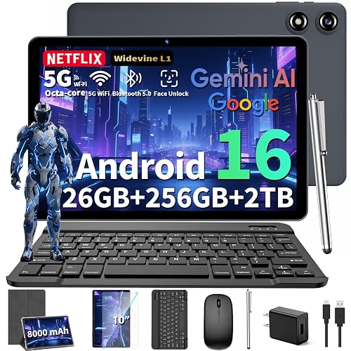 Android 16 Tablet 10 inch - AI Tablet with 26GB+256GB+2TB Expand, Gemini AI | 2 in 1 Tablet with Keyboard, 8-Core, 8000mAh, WiFi, Electronics Tablets with Case/Mouse/Stylus for Student/Business (Silver）