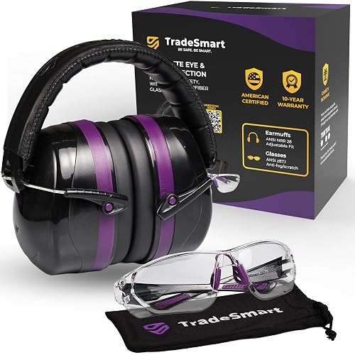TradeSmart Shooting Ear Protection for Gun Range, NRR 28 Earmuffs & Eyewear | Stay comfortable: safety-glass arms sit beneath soft cushions; anti-fog UV400 lenses help stay clear, and muffs fold down.