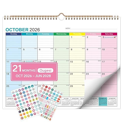 Wall Calendar 2027-2028, 21 Months Oct 2026-Jun 2028, Hanging Calendar | 14x11inch Colorful Monthly Design, 120 GSM Thick Paper, Spacious Writing Blocks, Hanging Hook with bonus Stickers
