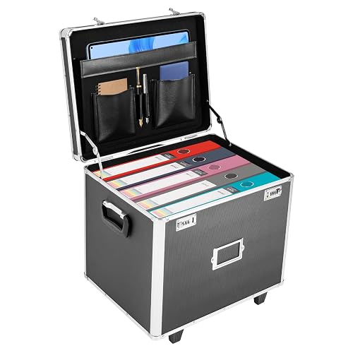 Black Locking Mobile Case File Storage Box with Dual Combination Locks | Portable File Box on Wheels | Rolling Document Box with Handle | for Office Home School, 19.2×15×16in