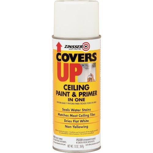Zinsser Covers Up Ceiling Paint & Primer Spray, White | Zinsser Covers Up ceiling spray, 13oz, Flat White. Flat-white stain-blocking paint + primer hides water & smoke stains.