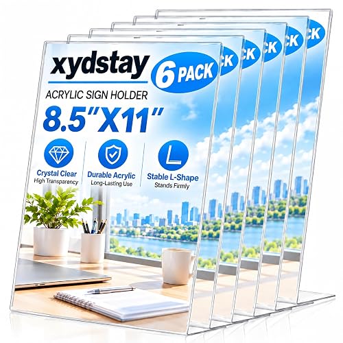xydstay 6 pack 8.5x11 Acrylic Sign Holder, L-Shape, Plastic Flyer Stand | Menu Holder, Table sign holder Flyer Holder Stand for Restaurant, Office, School, Store and Home Use