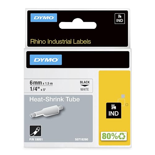 DYMO Rhino Industrial Heat-Shrink Labels, 1/4" Tube, Black Print on White | DYMO Label/Marker Supply, Heat-Shrink, 1/4-Inch, Black Finish, Rhino Industrial Heat-Shrink Labels; Reliable jobsite supply