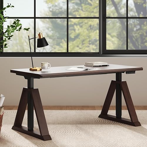 FLEXISPOT 63 x 30 Inch WoodiX Solid Wood Executive Standing Desk, Walnut | Dual-Motor Lift, 220 LBS Capacity, Stable V-Frame Base,Spacious Multi-Monitor Workspace, Mid-Century Modern Design