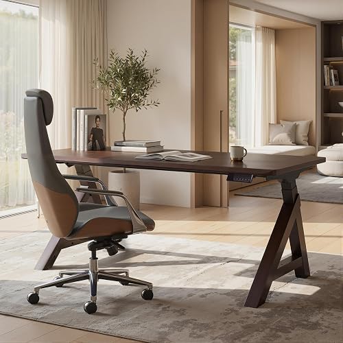 FLEXISPOT 63 x 30 Inch WoodiX Solid Wood Executive Standing Desk, Walnut | Dual-Motor Lift, 220 LBS Capacity, Stable A-Frame Base, Cable Management & Multi-Monitor Setup, Mid-Century Modern Design