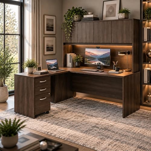 71" L Shaped Executive Desk with Hutch, Built-In Power & Storage Cabinet | Premium executive workstation with reversible design, locking drawer, 1" thick desktop, and smart storage for modern offices.