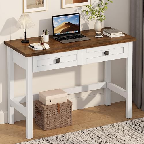 Farmhouse Small Computer Desk with 2 Drawer for Bedroom, 39.4 in Work Table | Rustic computer table with walnut-look top, ivory base and no built-in outlet for bedroom, apartment, home office or study.