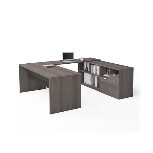 Bestar U-Shaped Executive Desk, Bark Gray, I3 Plus, 72W | With Desk Shell, Credenza, Desk Bridge; for home or professional office use; 1 file drawer, 1 box drawer