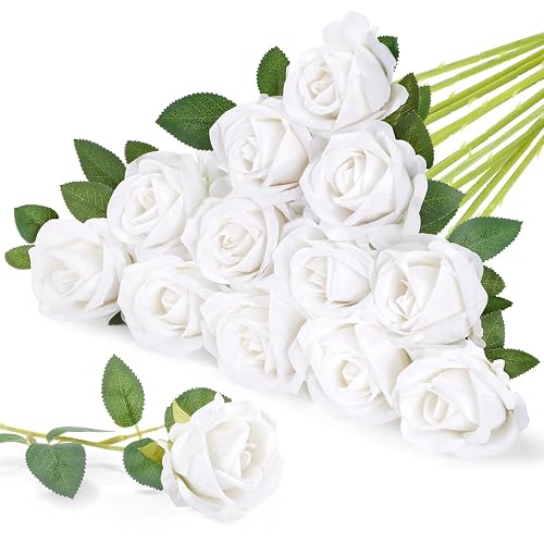 Lifewit Classic White Artificial Roses Flowers, Faux Long Stem Roses Bulky | 12 Pcs DIY Wedding Bouquets Decoration, Centerpieces Arrangements, Velentine