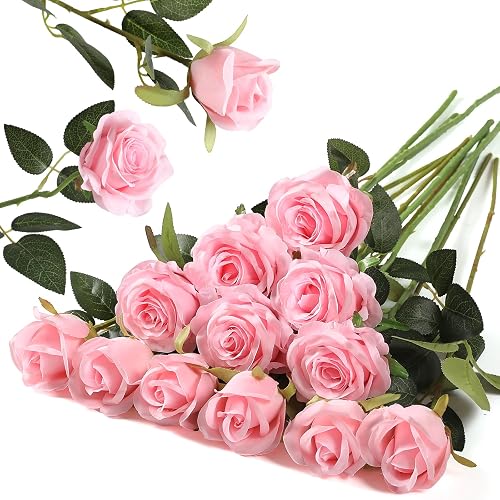 Hawesome 12PCS Artificial Silk Flowers Realistic Roses Bouquet Long Stem for Home Wedding Decoration Party (Pink, 6 Flowers 6 Buds)