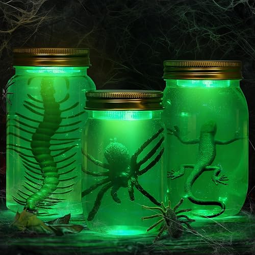 Mad Scientist Props Specimen Jars Halloween Decorations Indoor Outdoor | 3 PCS Jars Light-up by Remote Control, Mad Scientist Props with Spider Accessories, Halloween Crafts for Table Indoor Party
