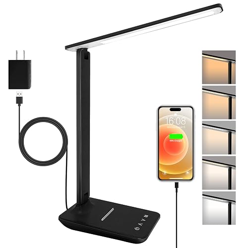 LED Desk Lamp for Office Home, 500LM Bright Touch Control USB Charging Port | Dimmable 5 Brightness Levels, 5 Color Modes (3000K-6000K) , Adjustable Head Flicker-Free Eye Care for Study Nail Craft, Black