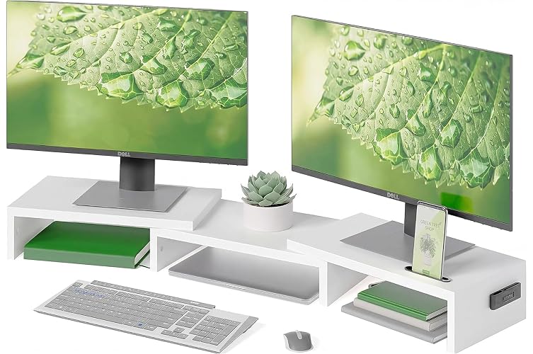 BONTEC Dual Monitor Stand Riser, Adjustable Length & Swivel Angle, White | Ergonomic Wooden Desktop Organizer with Smartphone Holder, Computer Monitor Stand for PC, Laptop,Printer and Large Storage