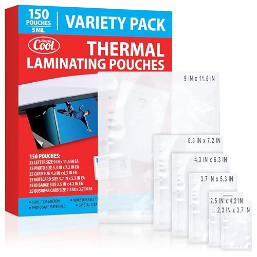Simply Cool 5 Mil Thermal Laminating Sheets Pouches 150ct for Laminator | Thermal Laminating Pouches for Letter, Photo, Card, Notecard, ID Badge and Business Card Sizes, Fits all Laminator Machine