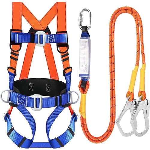 Safety Harness Fall Protection Kit: Full Body Roofing harnesses | Men Construction Harness Kit with Shock Absorbing Lanyard - Updated Paded for Roof Work