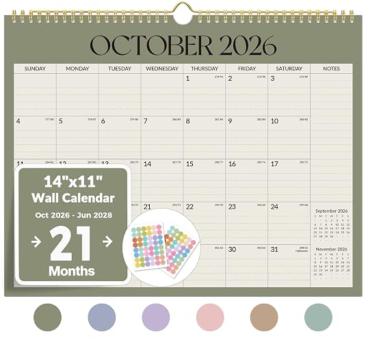 Forvencer 2027 Wall Calendar, 21-Month (Oct 2026 - Jun 2028), 14.7" x 11.5" | Full Page Memo Space, Cute Stickers, Premium Thick Paper, Big Grid Blocks, Twin-Wire Binding Hanging for Home Office Planning