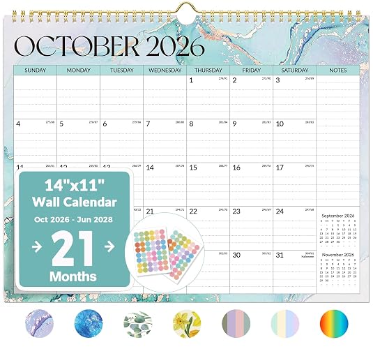 Forvencer 2027 Wall Calendar, 21-Month (Oct 2026 - Jun 2028), 14.7" x 11.5" | Full Page Memo Space, Cute Stickers, Premium Thick Paper, Big Grid Blocks, Twin-Wire Binding Hanging for Home Office Planning