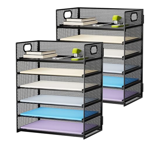 Marbrasse 2 Pack Desk Organizer with Handle, 6 Tier Paper Letter Tray, Mesh Desk File Organizer for Office, School and Home