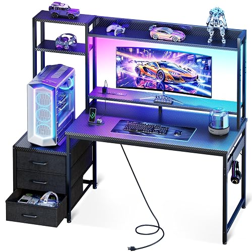 Casaottima 48 Inch Gaming Desk with Shelves & 3 Drawers & LED Light & Hutch | Reversible PC Desk with Tower Stand & Power Outlets, Computer Desk for Home Office, Black, 36 Inch Main Desktop