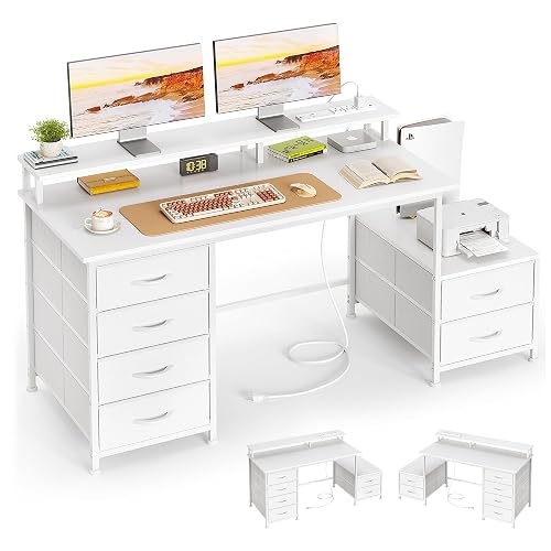 52 Inch Reversible Computer Desk with 6 Drawers, Monitor Stand, White | Home Office Desk with Printer Space, Power Outlets, Storage Drawers, Computer Workstation