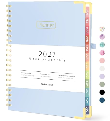 Forvencer 2027 Planner, Hardcover Calendar Planner Jan - Dec 2027, 8.5"x11" | Spiral Weekly & Monthly Planner, Daily Agenda Book with Tabs, Daily Journal Organizer for Office Home School, Light Blue