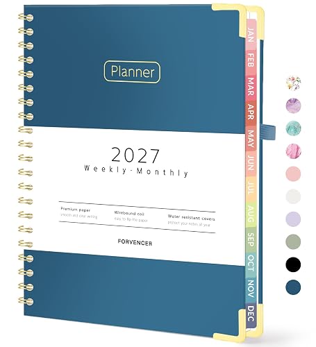 Forvencer 2027 Planner, Hardcover Calendar Planner Jan - Dec 2027, 8.5"x11" | Spiral Weekly & Monthly Planner, Daily Agenda Book with Tabs, Daily Journal Organizer for Office Home School, Navy Blue