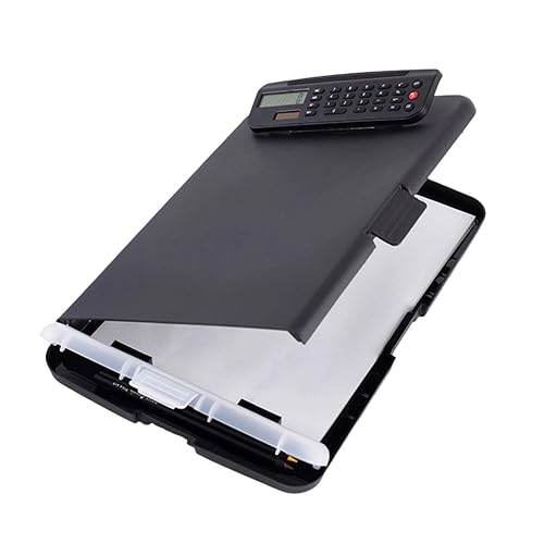 Clipboard with Storage Compartment and Calculator, 36.5 x 25cm | Built-In Solar Calculator, Document Storage, Comfortable Grip, Portable Design, Black Finish