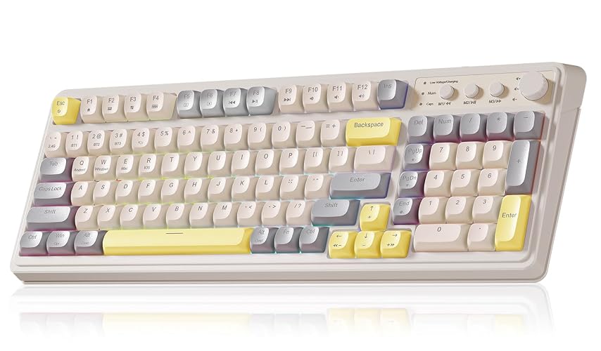 AULA S99 Gaming Keyboard Wireless Creamy Computer Full Size with Media Knob | 99 Key, Membrane Keyboard with Number Pad,RGB Backlit,Tri-Mode BT/2.4GHz/USB-C Connection,Grey & Yellow