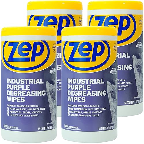 Zep Industrial Purple Heavy-Duty Degreasing Wipes - 65 Count (Case of 4) | Heavy-duty, shop supplies, ether-like, industrial cleaning