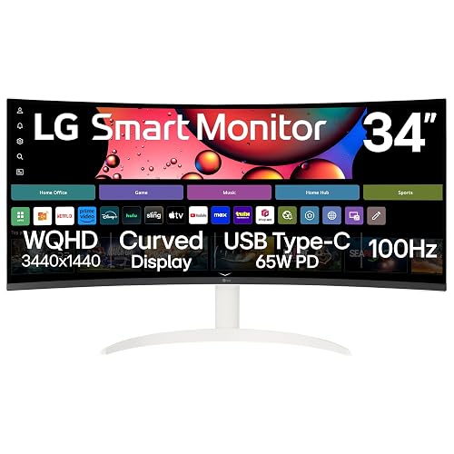LG 34SR63QA-W 34 inch Smart Curved Monitor with Streaming TV, QHD 1440p, UltraWide Screen, USB Type-C 65W PD, 1800R, webOS, HDR10, 100Hz, Built-in Speaker, AirPlay2, Screen Share, Bluetooth, White