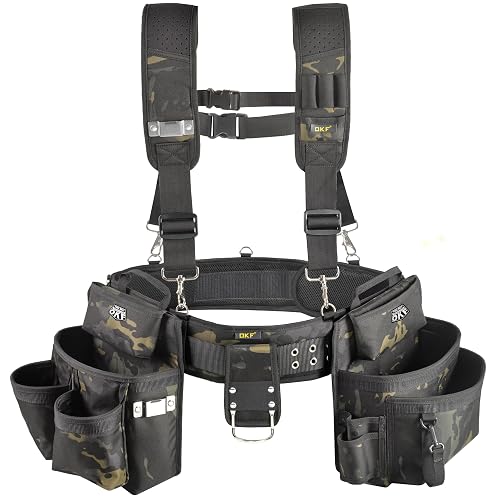 OKF Framer Construction Carpenter Tool Belt with Suspenders, Tactical Camo | Camouflage Rigid Pouches Stay Open, Thick Fabric & Built-In Foam. Heavy Duty Builder Framer and Diyer Rig Fits 36-49" Waist