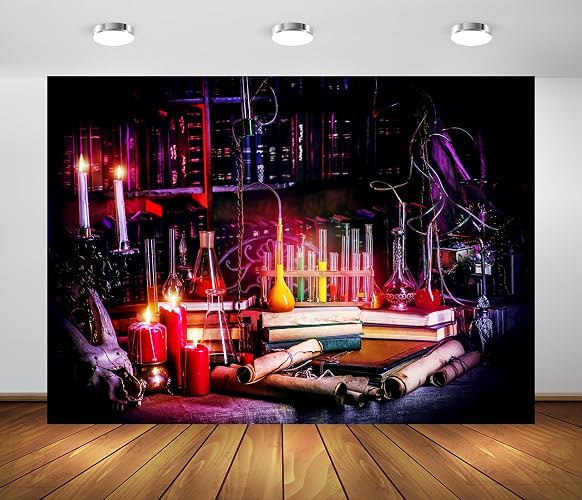 BELECO 7x5ft Fabric Spooky Laboratory Backdrop Alchemist Lab Magic Potion Bottles Candles Books Mad Scientist Party Decorations Background Witch Wizard Halloween Lab Mad Science Banner Photo Props