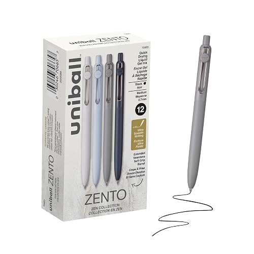 uniball™ Zento Gel Pens, Black Ink, 0.7mm Medium Point, 12 Count | Retractable, Smooth Writing, Quick-Drying, No Smear, No Bleed, Zen Barrel Colors