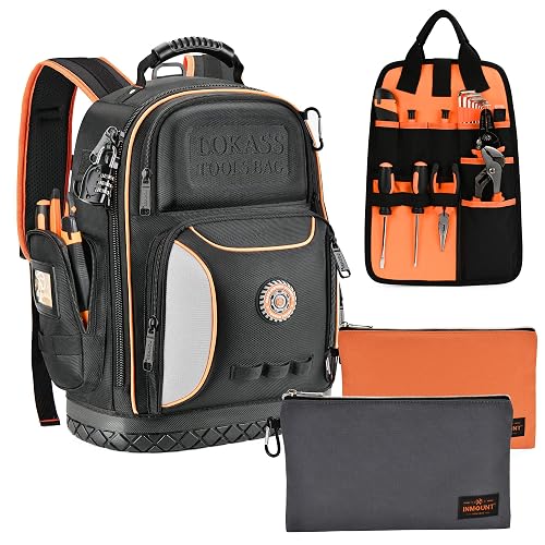 Tool Bag Backpack with 2 Canvas Tool Pouch Tool Kit, 75 Pockets & Loops Heavy Duty Tools Organizer/HVAC Tool Carrier for Eelectrician/Construction Work with Molded Base and Combination Lock, Black