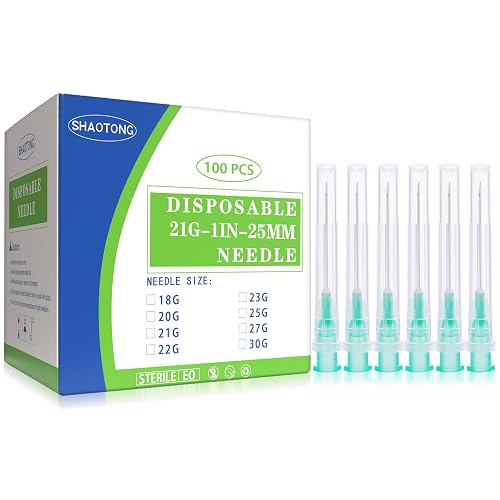 21 Gauge 1 Inch Needles Luer Lock Disposable Lab Supplies, Pack of 100 | SHAOTONG 21G 1” 25mm Needle with Cap for Liquids Measuring or Refilling, Sterile, Individually Wrapped