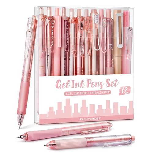 Four Candies Rose Gel Pens, Black Ink, Fine Point 0.5mm, 12 Count | 12 Unique Designs, Cute School Supplies, Office Essentials for Women & Nurse, Aesthetic Stationery, Pink Desk Accessories