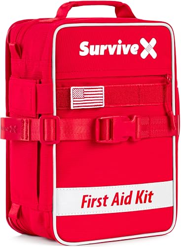 SurviveX Large First Aid Kit, Emergency Kit for 3-4 People | Labeled Pockets, Zip Stitch Wound Closures, Mountable, Quick Access, For Home, Car, Camping