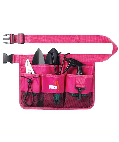 UNCO- Adjustable Gardening Belt, Pink, 7 Pockets, Wear, Cut and Water Resistant, Garden Tool Belt Pouch, Waist Apron with Pockets