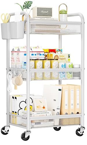 YASONIC 3 Tier Metal Rolling Cart, White Utility Storage Cart with Wheels | Metal Mesh Craft Cart With Hooks & Hanging Cups, Ideal For Kitchen, Bathroom, Office, Dorm, Art Workspace, Bedside Storage
