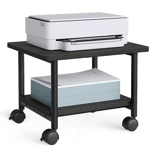 VASAGLE 2-Tier Printer Stand with Locking Wheels, Under Desk Printer Table | Industrial Mobile Cart, 18.9 x 15.7 x 13.4 Inches, Storage Shelf, for Home Office, Ebony Black, BARNET Collection UOPS02B